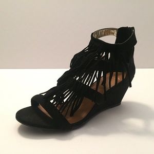 Material Girl "Hannah" black suede fringe wedges